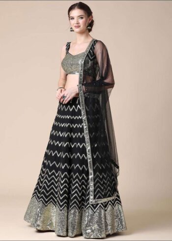 Black Faux Georgette Embroidered Lehenga - Image 3