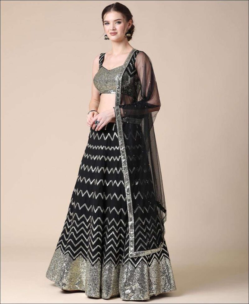 Black Faux Georgette Embroidered Lehenga - Image 3
