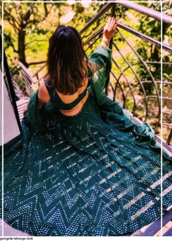 Green Georgette Thread Embroidery Lehenga - Image 3