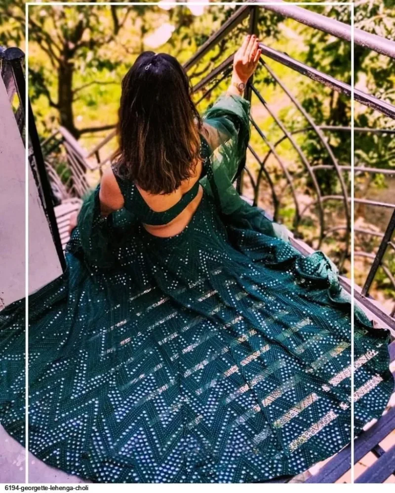 Green Georgette Thread Embroidery Lehenga - Image 3