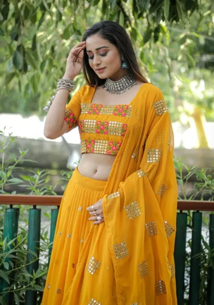 mustard georgette sequence lehenga choli 1 jpg