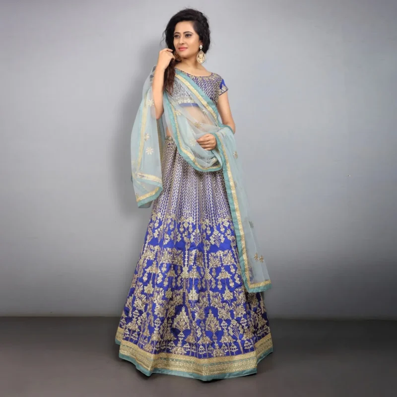 Royal Blue Tafeta Silk Lehenga - Image 4