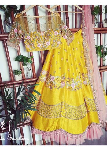 Yellow Satin Silk Lehenga Choli - Image 3