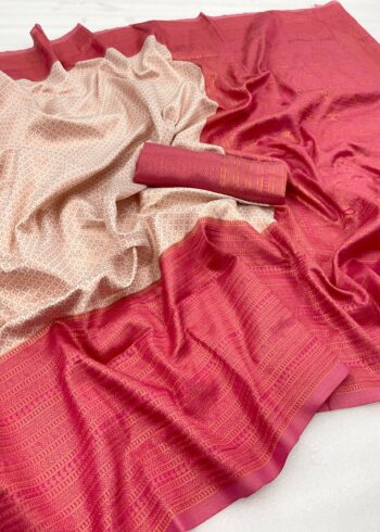 Cream Pink Banarasi Silk Saree - Image 3