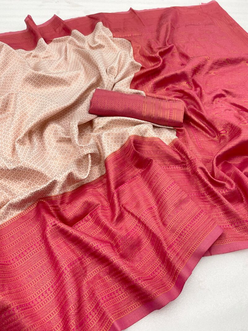 Cream Pink Banarasi Silk Saree - Image 3