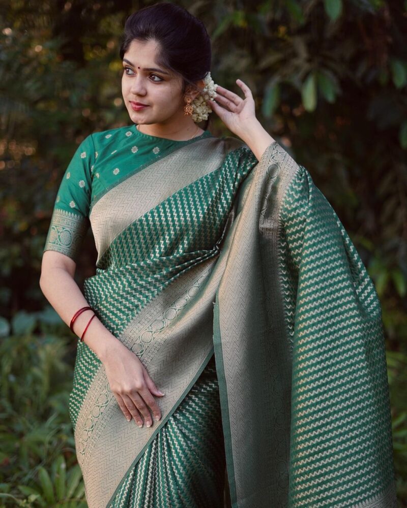 Green Golden Zari Weaving Saree - Image 2