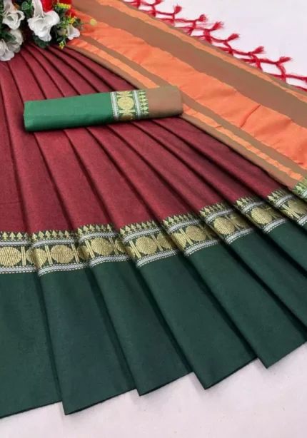 aura-plain-cotton-silk-saree-maroon-green