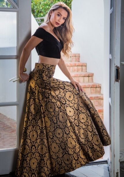 Black Banarasi Lehenga With Mulberry Blouse