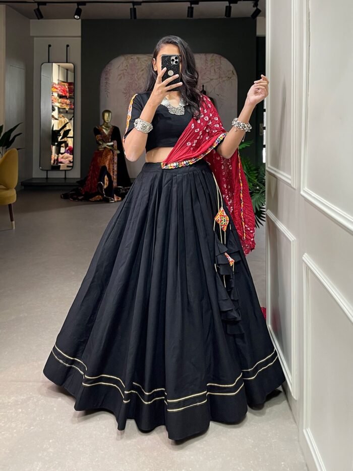 Plain Gotta Patti Cotton Lehenga black color