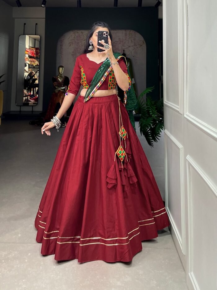 Plain Gotta Patti Cotton Lehenga maroon color