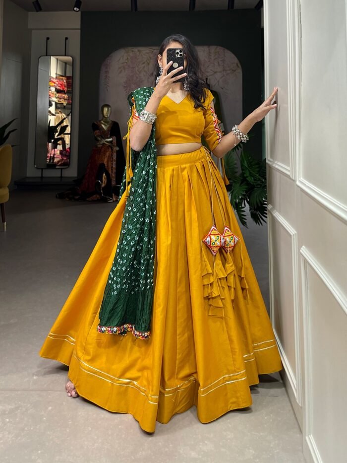 Plain Gotta Patti Cotton Lehenga yellow color