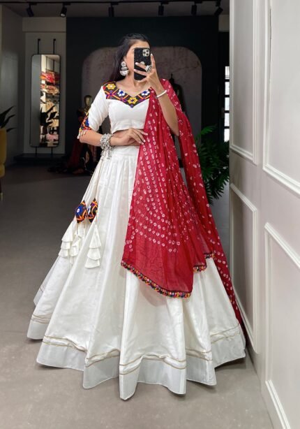 Plain Gotta Patti Cotton Lehenga white color