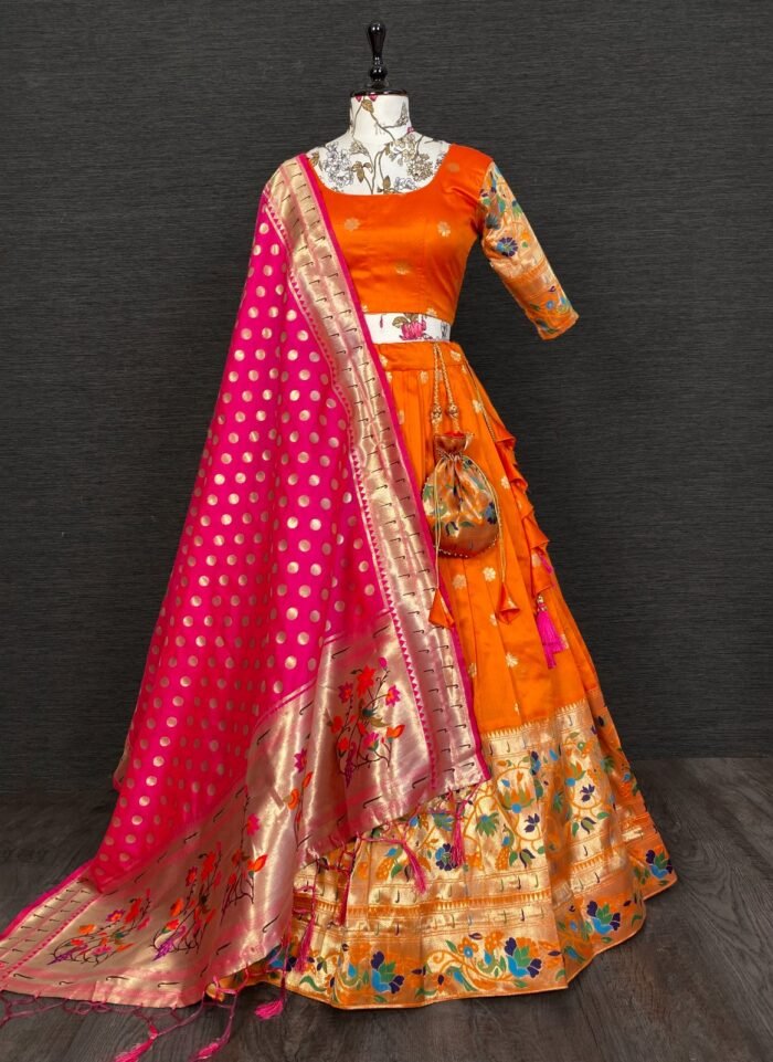 South Indian Paithani Orange Lehenga