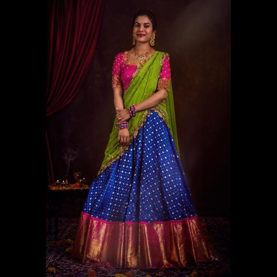 Blue Zari Weaving Work South Indian Style Lehenga Choli