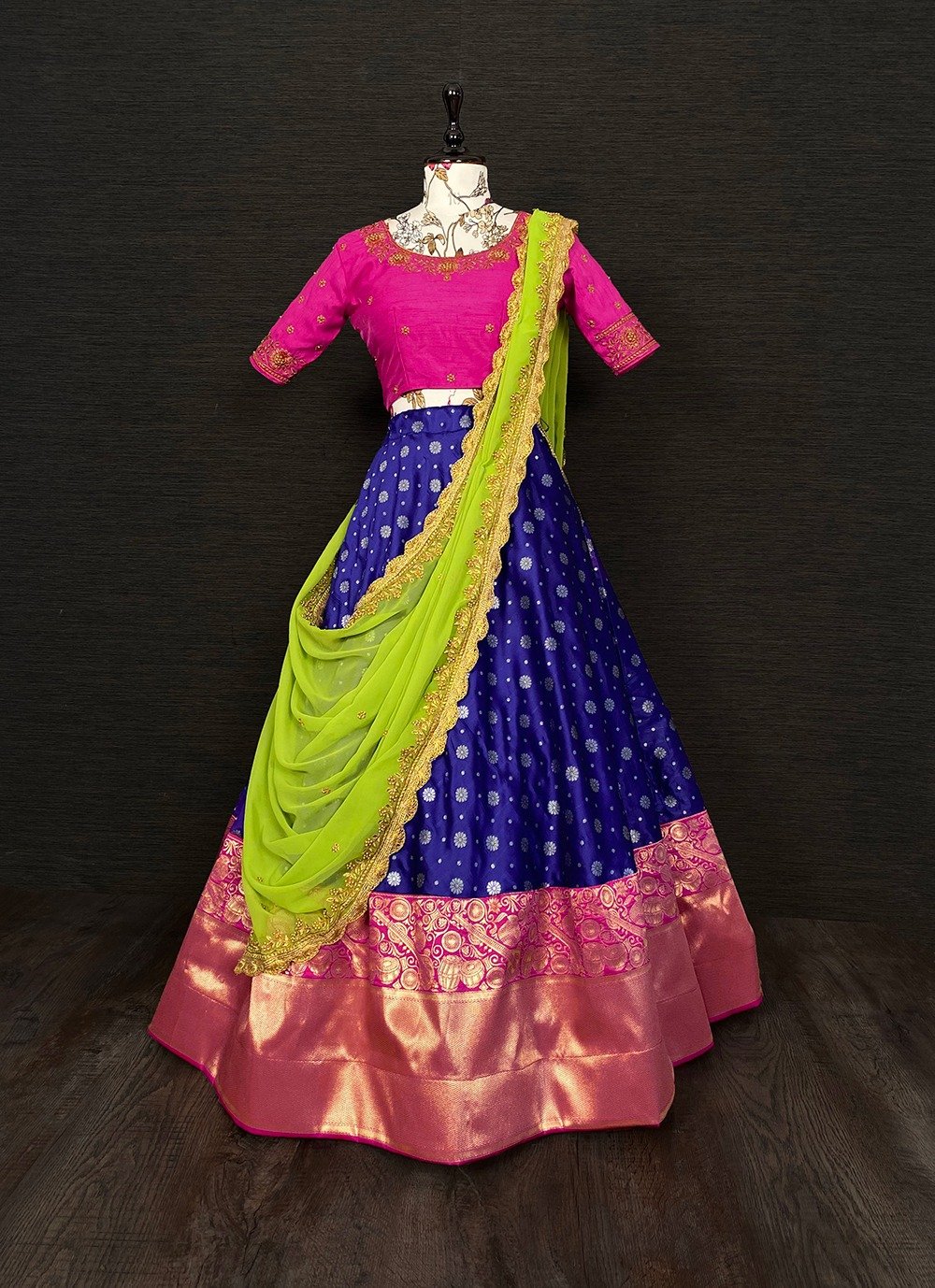 Buy TotzTouch Kids Girls Pattu Pavadai | Lehenga Choli Set South Indian  Traditional Wide Zari Border Embroidered Jacquard weave Ethnic Wear Red,  Pink, Violet, Blue, Green, Sizes 1 to 10 Years Online at desertcartINDIA