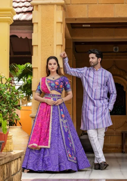 Iris Purple Color Lehenga Choli With Mens Kurta For Couple Combo Outfit