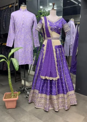 Purple color lehenga choli with men kurta in couple combos