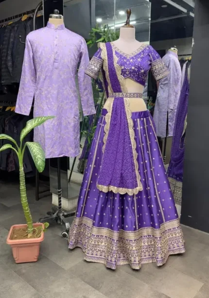 Purple color lehenga choli with men kurta in couple combos