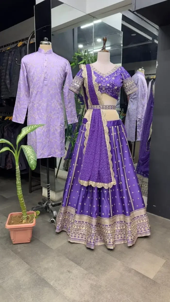 Purple color lehenga choli with men kurta in couple combos