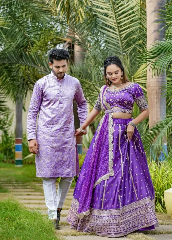 Purple color lehenga choli with men kurta in couple combos