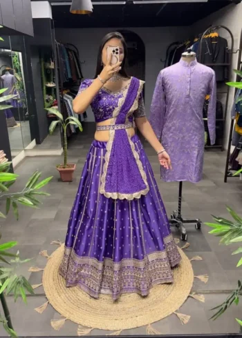 Purple color lehenga choli with men kurta in couple combos