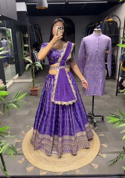 Purple color lehenga choli with men kurta in couple combos