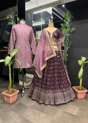 Wine color lehenga choli with men kurta in couple combos