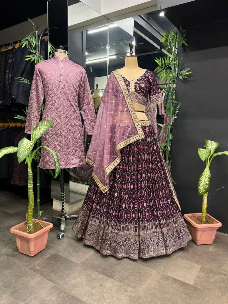 Wine color lehenga choli with men kurta in couple combos
