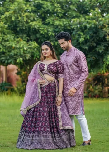 Wine color lehenga choli with men kurta in couple combos