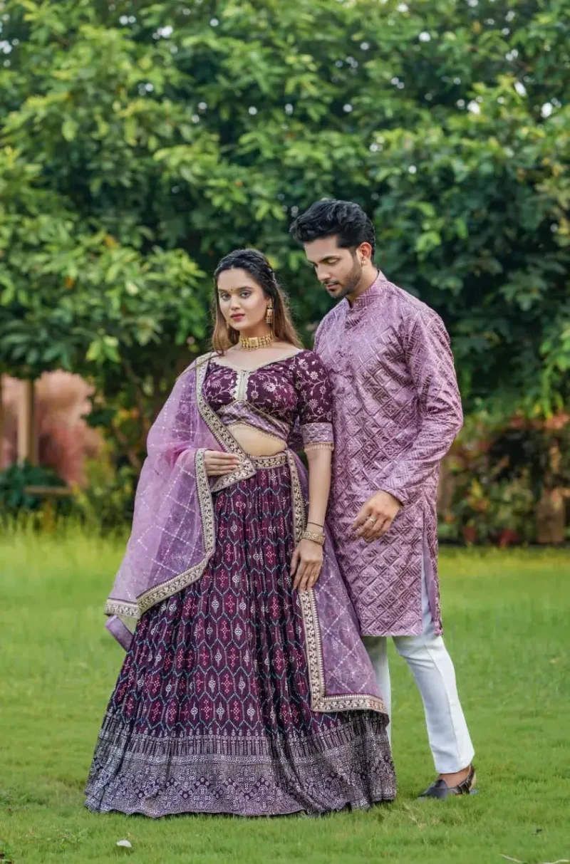 Wine color lehenga choli with men kurta in couple combos