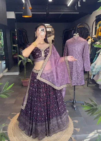 Wine color lehenga choli with men kurta in couple combos