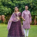 Wine color lehenga choli with men kurta in couple combos