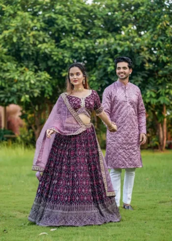 Wine color lehenga choli with men kurta in couple combos