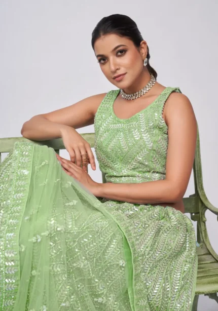 Green Color Vertical Leaves Pattern Sequins Embroidered Bridal Lehenga Choli