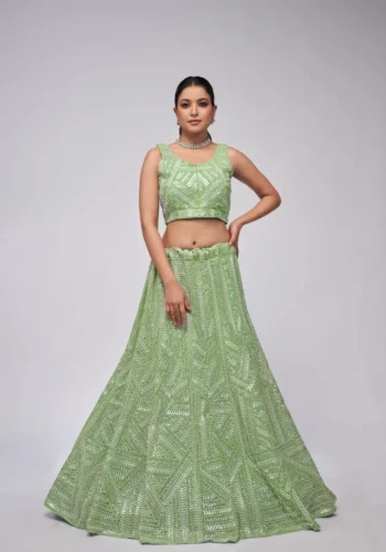 Green Color Vertical Leaves Pattern Sequins Embroidered Bridal Lehenga Choli