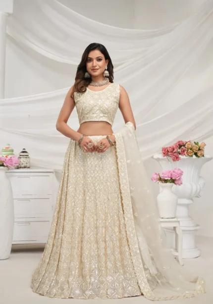 Ivory Color Diamond Pattern Sequin Embroidered Bridal Lehenga Choli