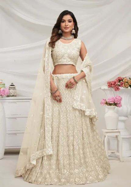 Ivory color Diamond Pattern Sequin Embroidered Bridal Lehenga Choli