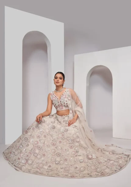 ivory white sequence embroidered soft net bridal lehenga choli full