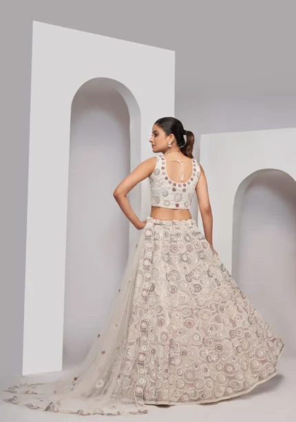 ivory white sequence embroidered soft net bridal lehenga choli full