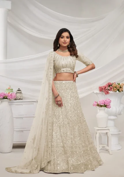 Ivory color White Pearl Work Embroidered Bridal Lehenga Choli