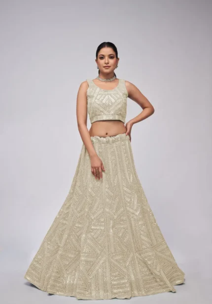 Ivory White Color Vertical Leaves Pattern Sequins Embroidered Bridal Lehenga Choli