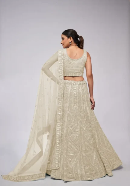 Ivory White Color Vertical Leaves Pattern Sequins Embroidered Bridal Lehenga Choli