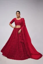 mahroon color leaves pattern sequins embroidered soft net bridal lehenga choli