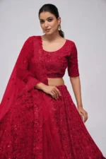 mahroon color leaves pattern sequins embroidered soft net bridal lehenga choli