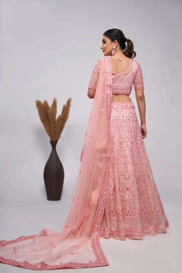 Pink color soft net sequins embroidered bridal lehenga choli