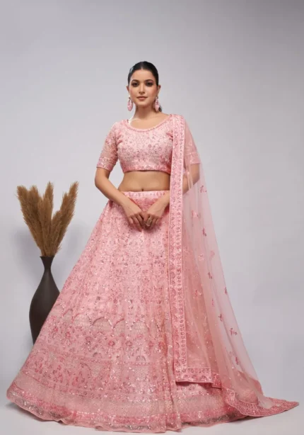 Pink color soft net sequins embroidered bridal lehenga choli