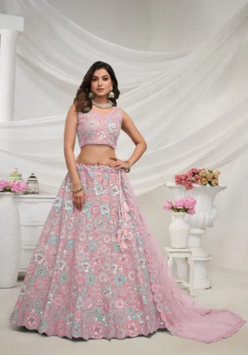 mauve pink color soft net fabric multi color thread radiant mirror and sequence work embroidered bridal lehenga choli