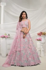 mauve pink color soft net fabric multi color thread radiant mirror and sequence work embroidered bridal lehenga choli