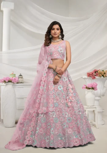 mauve pink color soft net fabric multi color thread radiant mirror and sequence work embroidered bridal lehenga choli