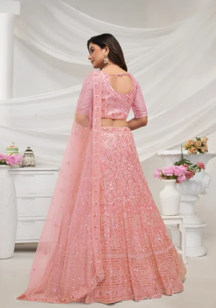 Peach color White Pearl Work Embroidered Bridal Lehenga Choli